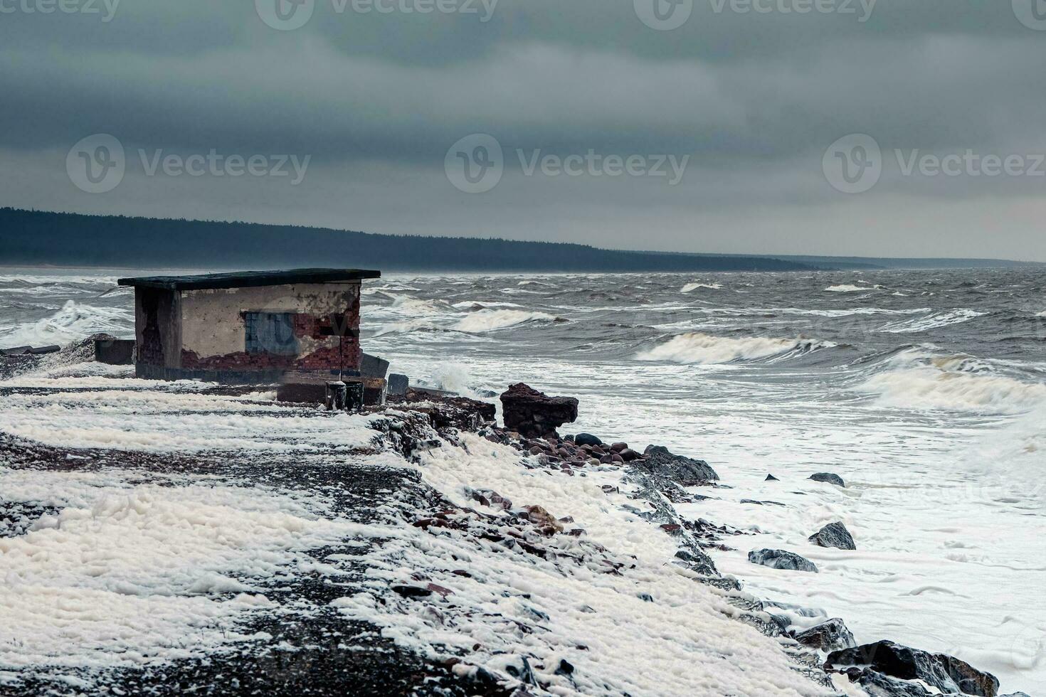 tempestoso inverno onde su il bianca mare. drammatico paesaggio marino. foto