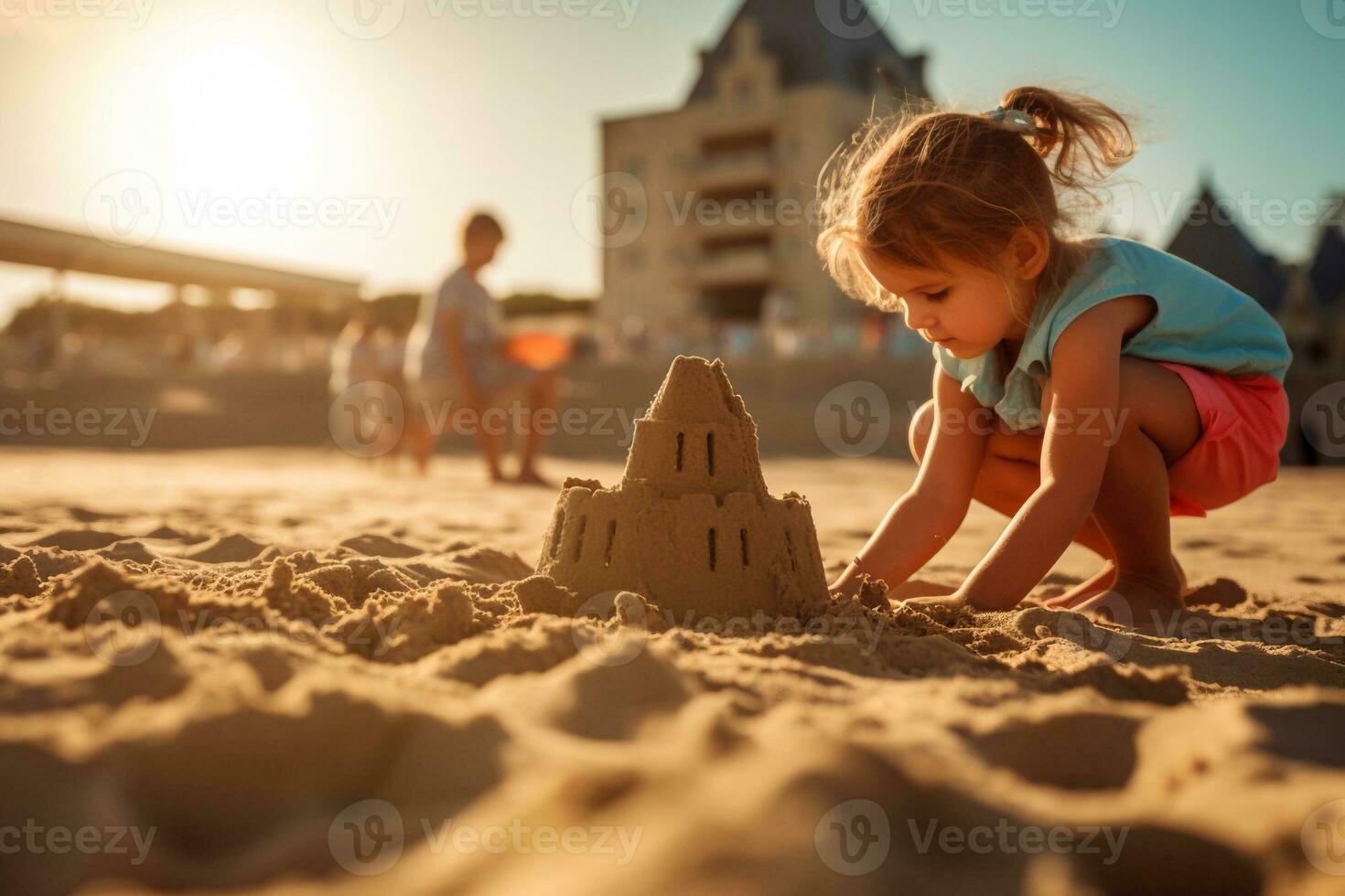 bambini giocando sabbia su il spiaggia ai creare foto