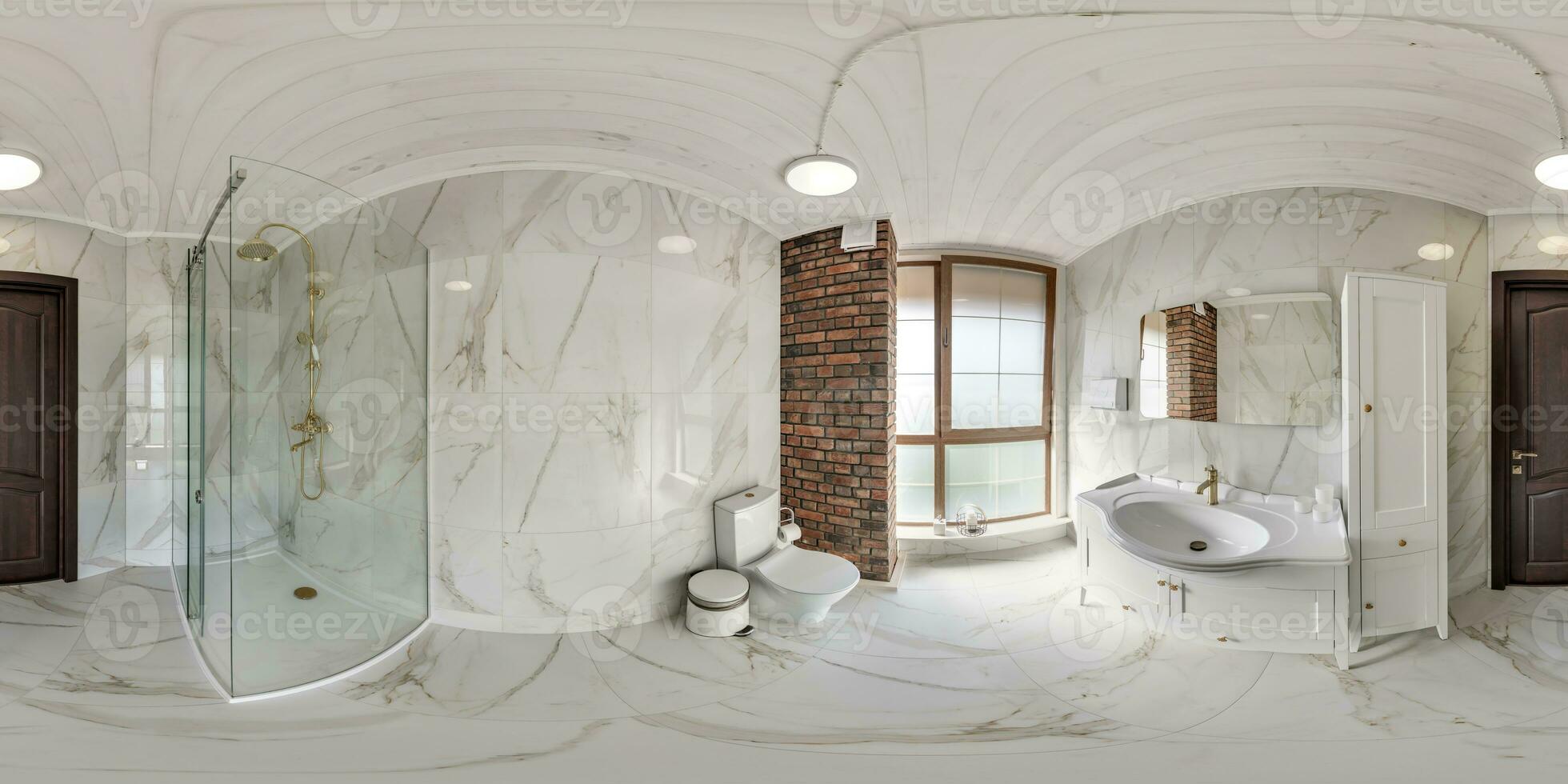 bianca senza soluzione di continuità 360 hdr panorama nel interno di costoso bagno nel soffitta stile nel moderno piatto appartamenti con lavabo nel equirettangolare proiezione con zenit e nadir. vr ar soddisfare foto