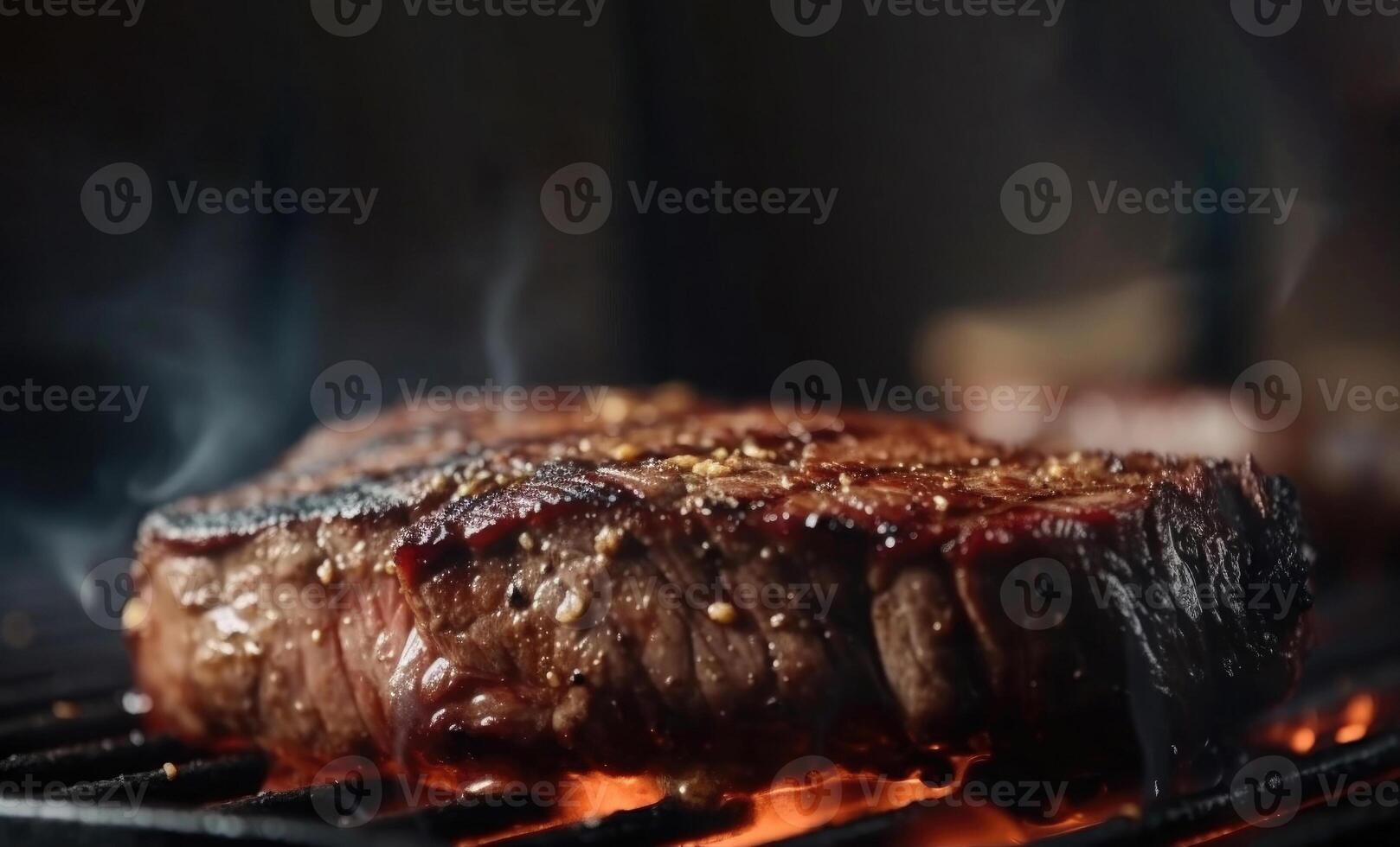 bistecca su il griglia, nel il sfondo voi può vedere il fuoco lentamente fumante. ai generato illustrazione foto