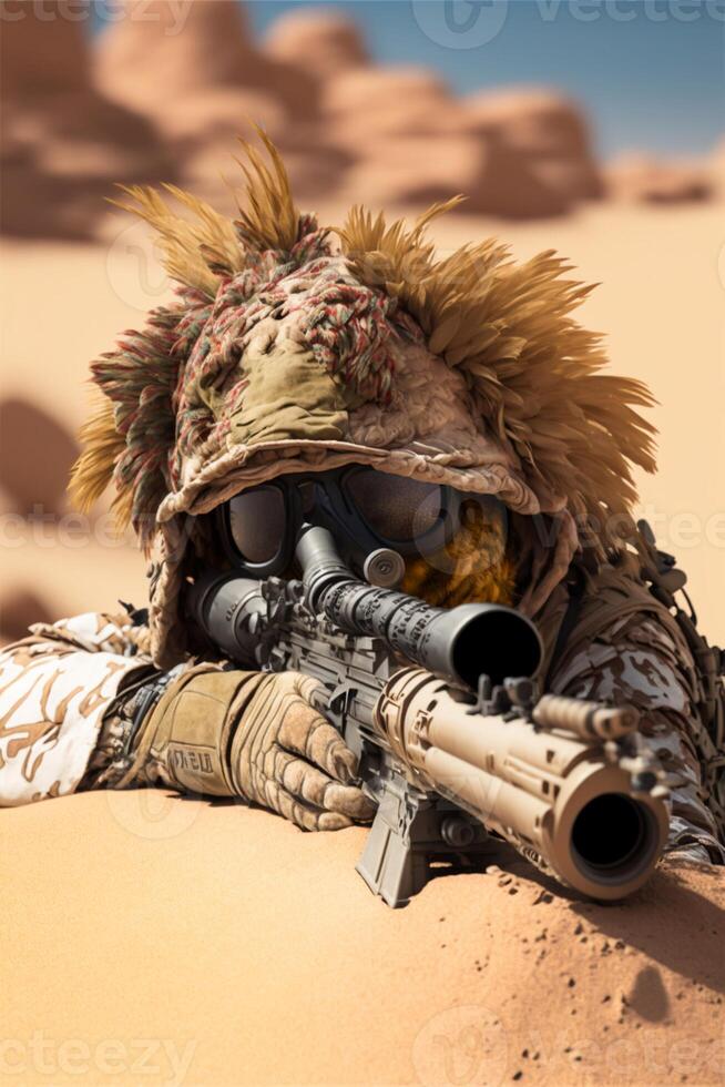 soldato seduta nel il deserto con un' pistola. generativo ai. foto