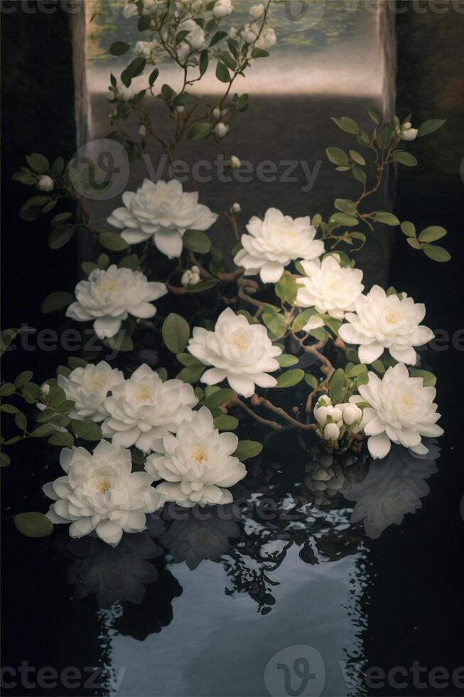 mazzo di bianca fiori galleggiante su superiore di un' corpo di acqua. generativo ai. foto