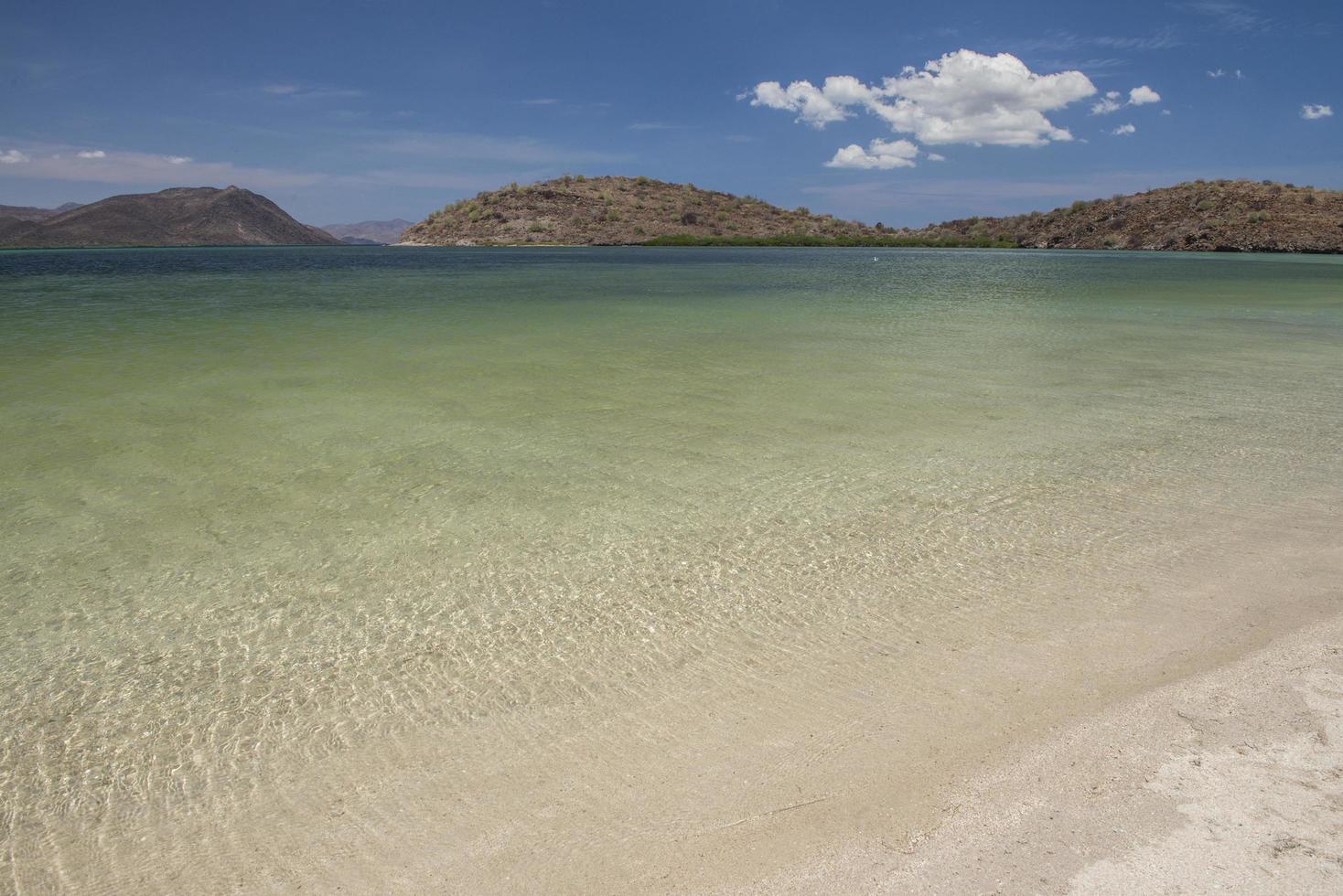 Concepcion di Bahia dal mare di Cortes in Baja California sur Messico con la montagna in fondo e il cielo blu con diverse nuvole foto