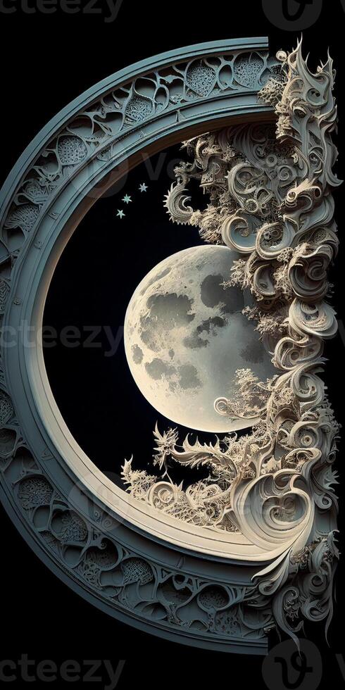Là è un' grande Luna nel il cielo con decorativo telaio. generativo ai. foto