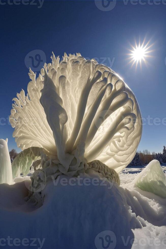 scultura di un' conchiglia nel il neve. generativo ai. foto