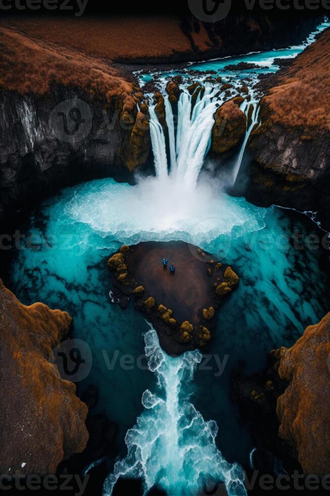 persona in piedi su un' roccia nel davanti di un' cascata. generativo ai. foto