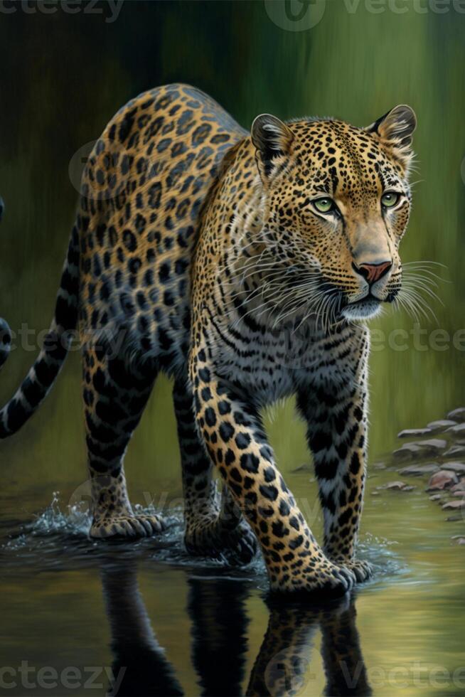 pittura di un' leopardo a piedi attraverso un' corpo di acqua. generativo ai. foto
