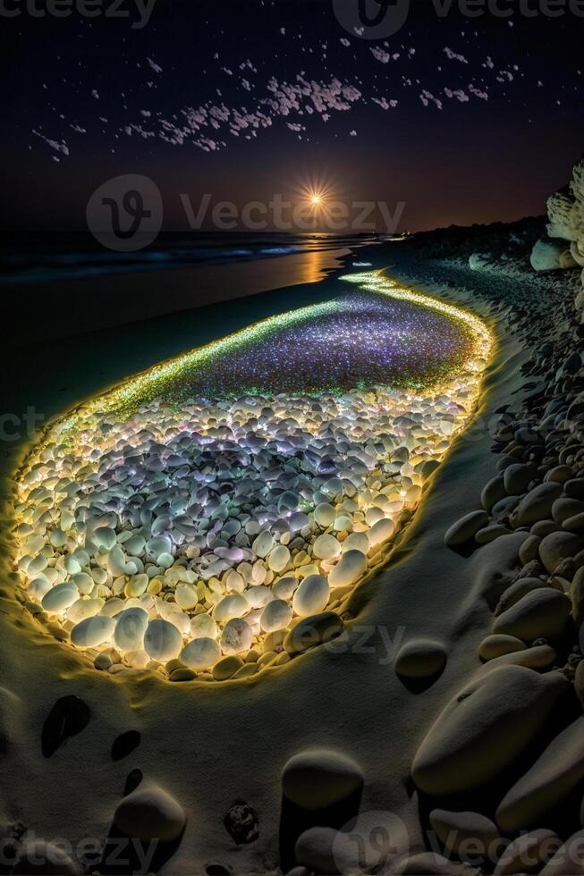 un' corpo di acqua seduta su superiore di un' sabbioso spiaggia. generativo ai. foto