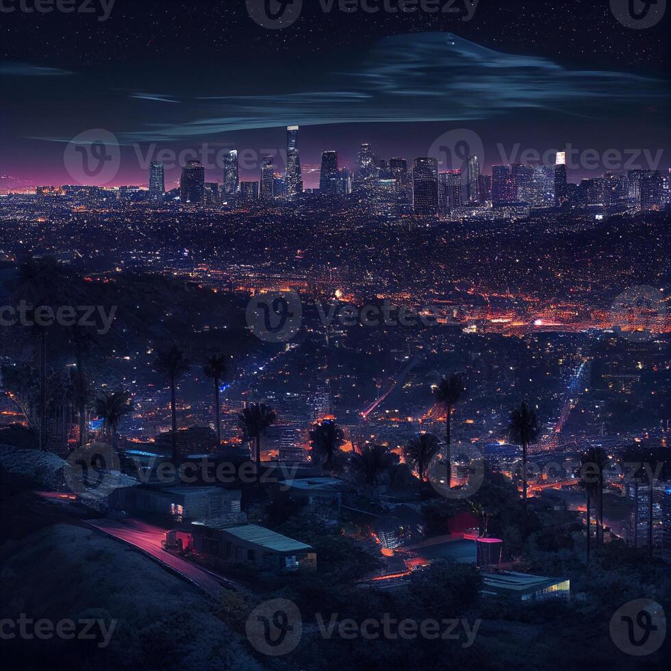 Visualizza di un' città a notte a partire dal un' collina. generativo ai. foto