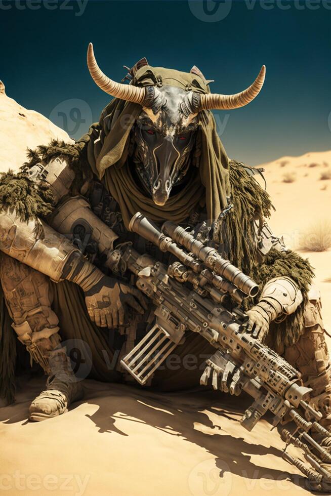 uomo seduta nel il deserto con un' fucile. generativo ai. foto