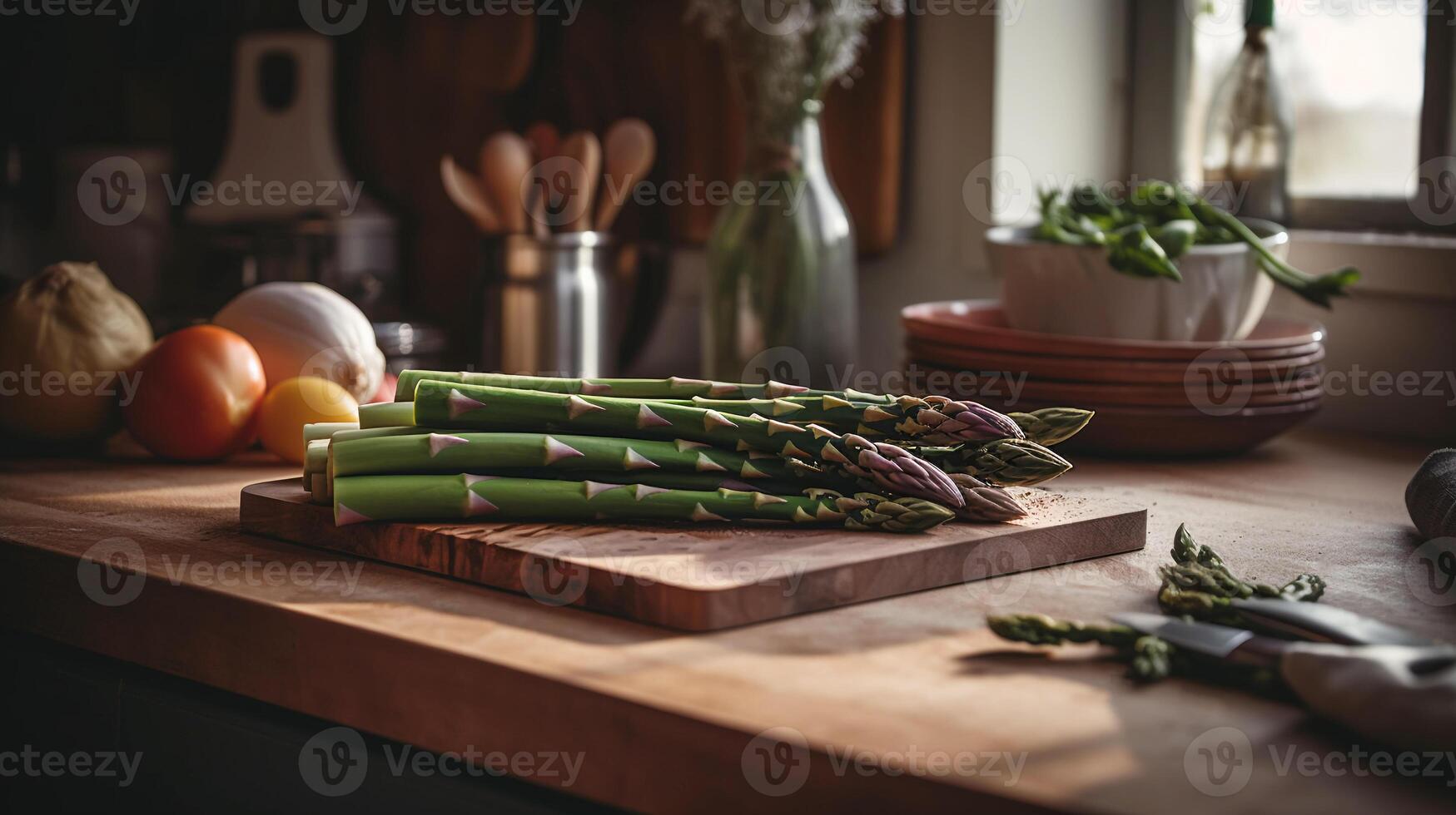 ai generato cucinando verde asparago su di legno tavola su tavolo nel cucina salutare vegano cibo generativo ai foto