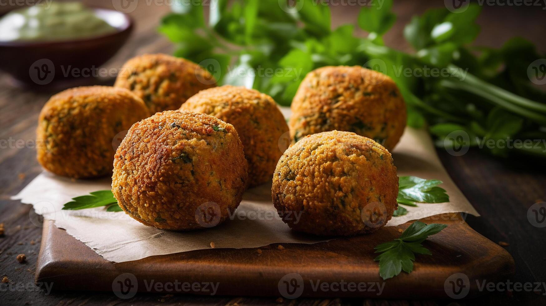 Falafel su un' tavolo su un' di legno tavola con prezzemolo o coriandolo vegano cibo generativo ai foto