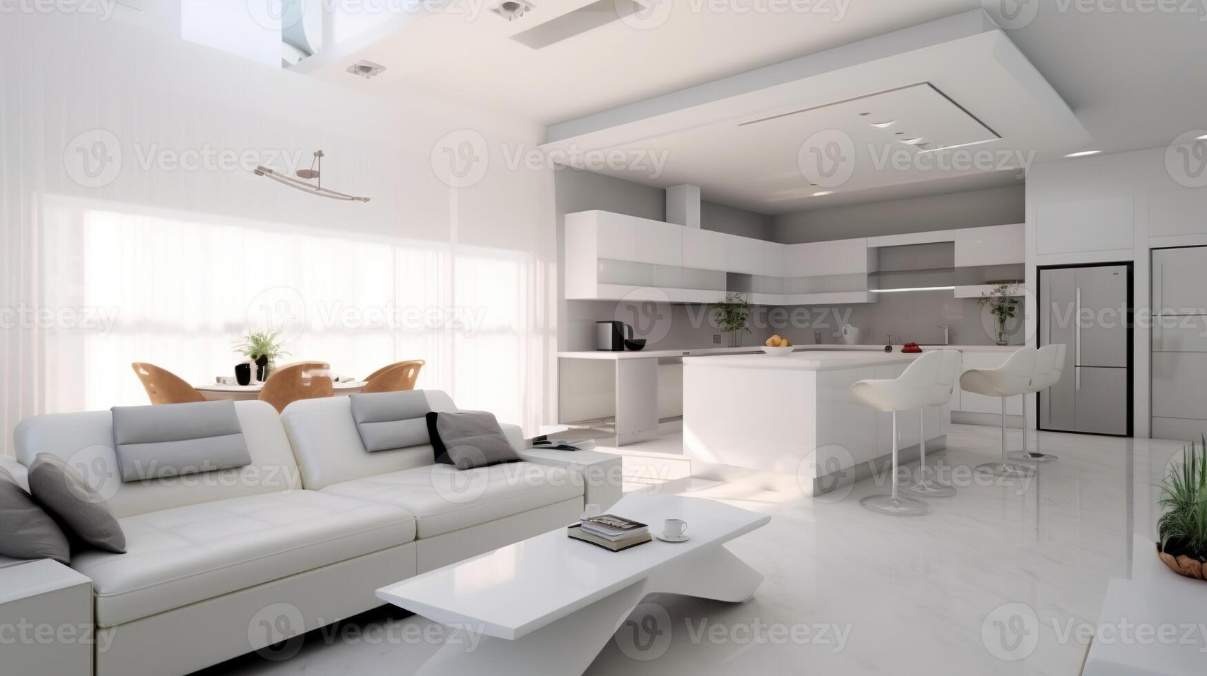 interno di moderno vivente camera e cucina con confortevole divanom e caffè tavolo. ai generato. foto
