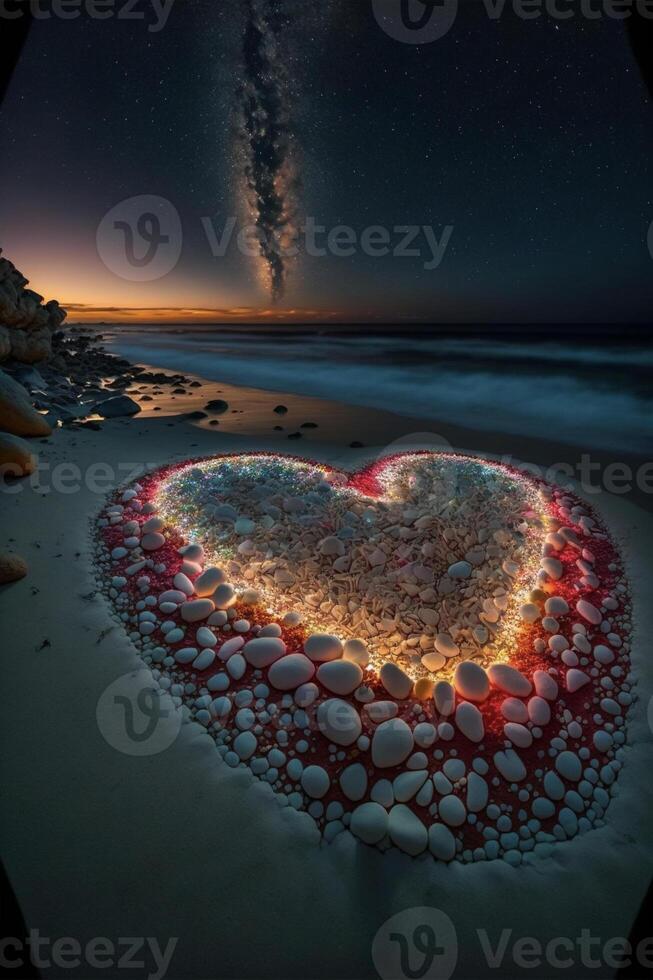 cuore fatto su di rocce su un' spiaggia a notte. generativo ai. foto