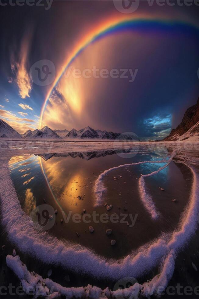arcobaleno nel il cielo al di sopra di un' corpo di acqua. generativo ai. foto