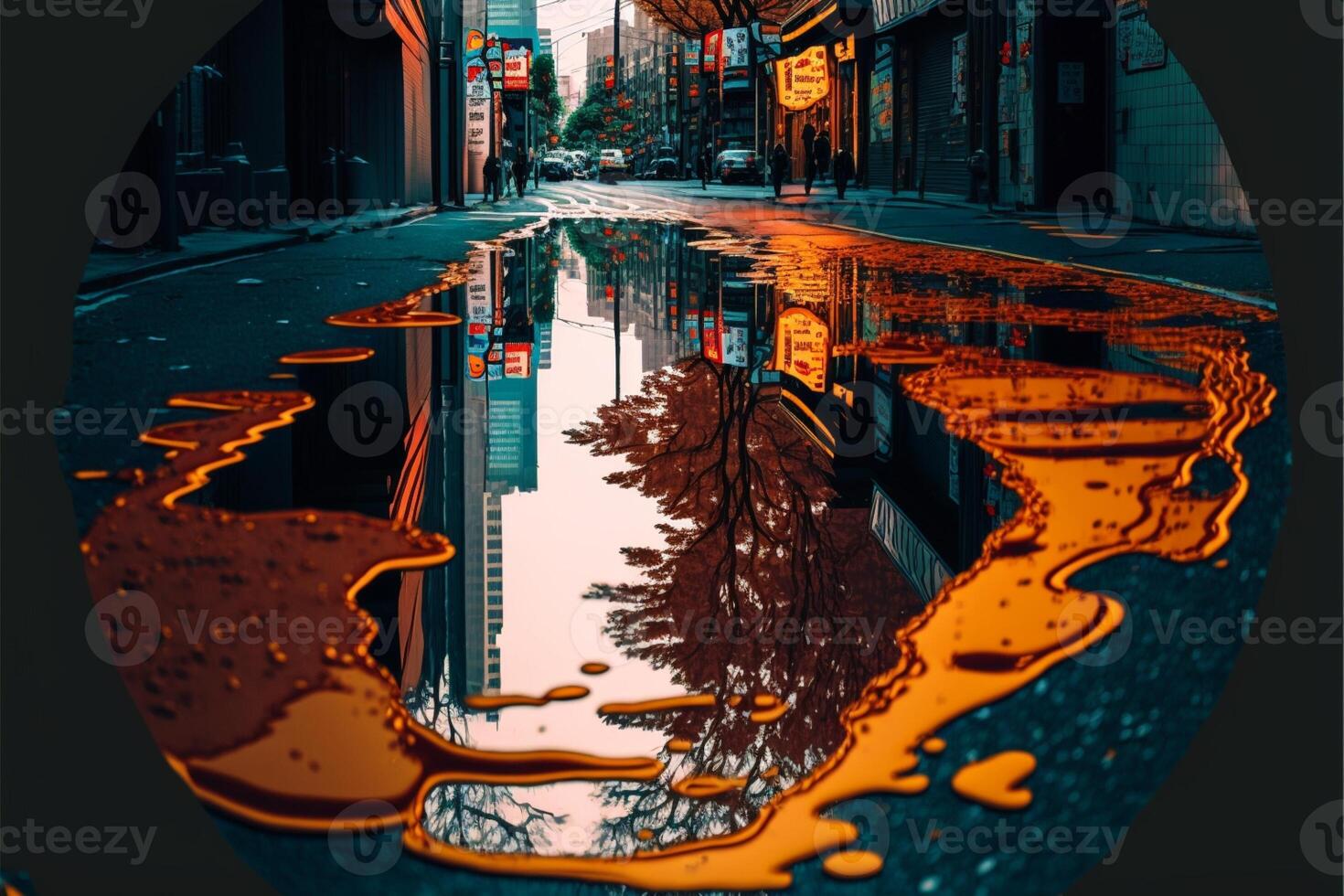 pozzanghera di acqua su un' città strada. generativo ai. foto