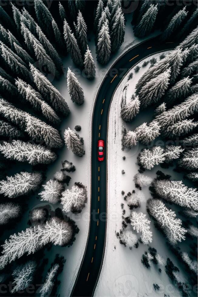 rosso auto guida giù un' neve coperto strada. generativo ai. foto