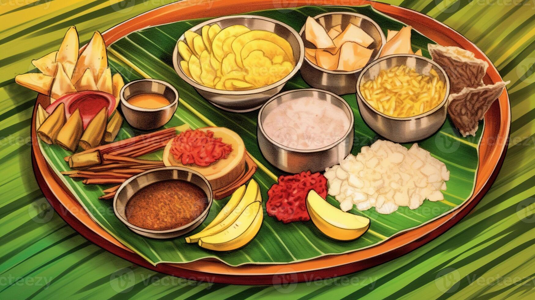 kerala Festival contento onam sfondo con tradizionale cibo servito su Banana foglia. ai generato. foto