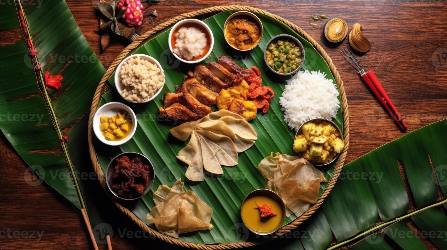 kerala Festival contento onam sfondo con tradizionale cibo servito su Banana foglia. ai generato. foto