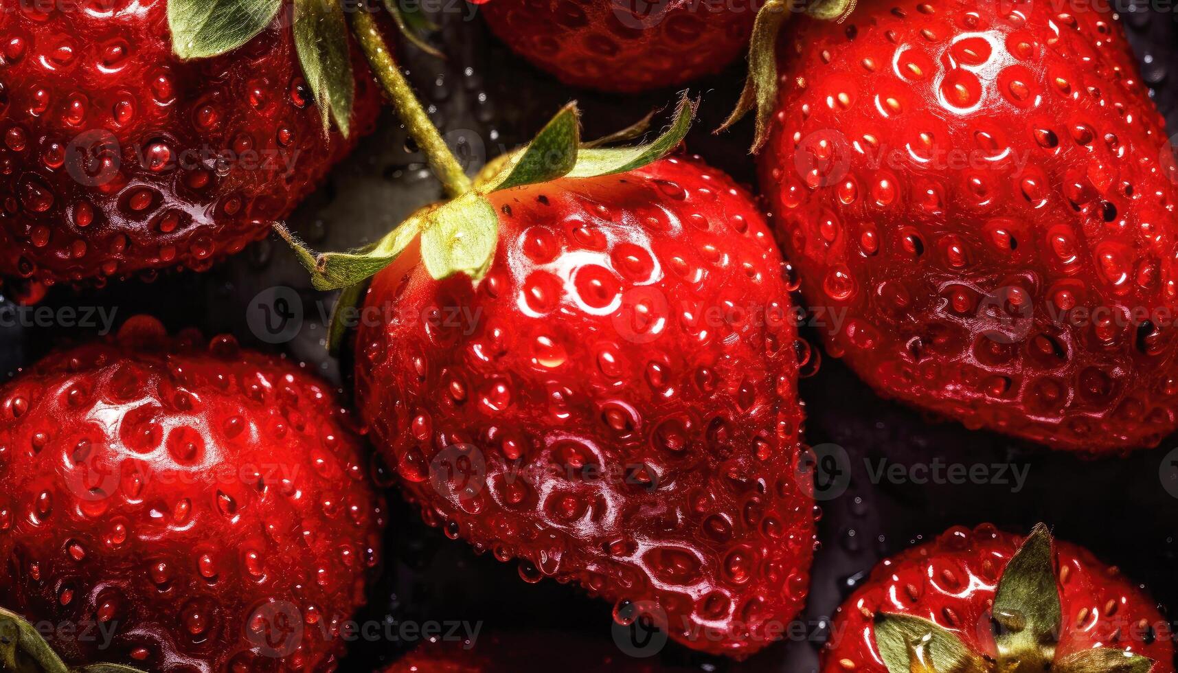 vicino su di pulito rosso fragole con acqua far cadere nel buio nero sfondo. fresco frutta e verdura concetto. nutrizione e vitamina tema. generativo ai foto