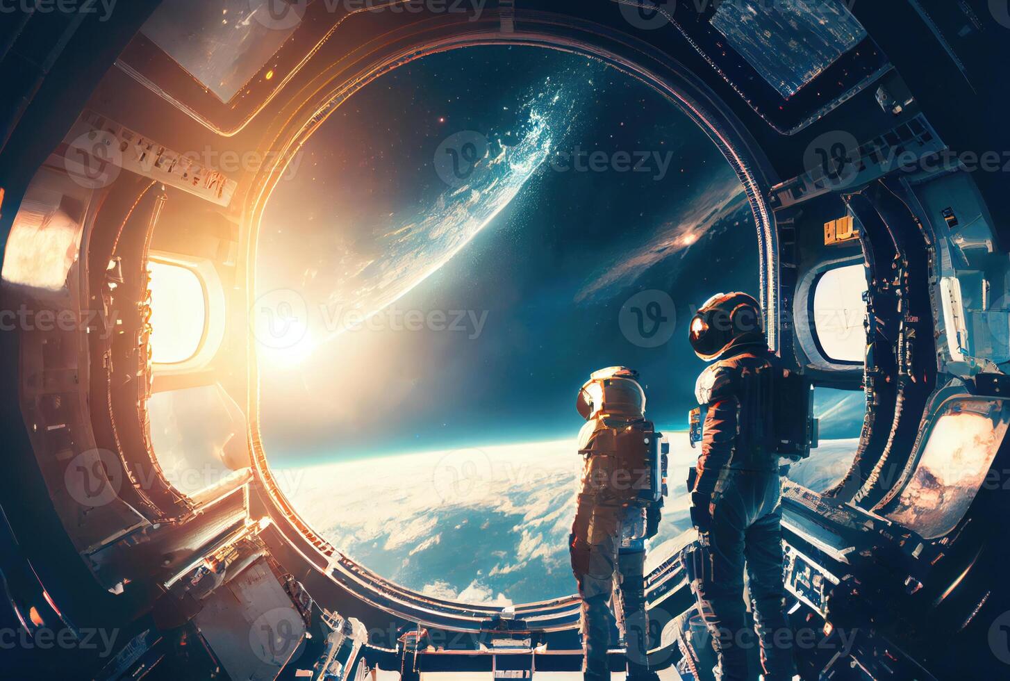 un' squadra di astronauti in viaggio nel spazio dentro un' navicella spaziale con nebulosa nel il sfondo. scienza e tecnologia concetto. generativo ai foto