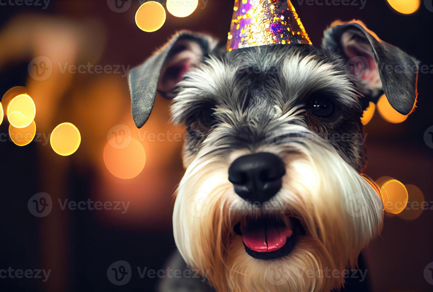 contento schnauzer cane nel festa con bokeh leggero sfondo. animale e animale domestico concetto. generativo ai foto