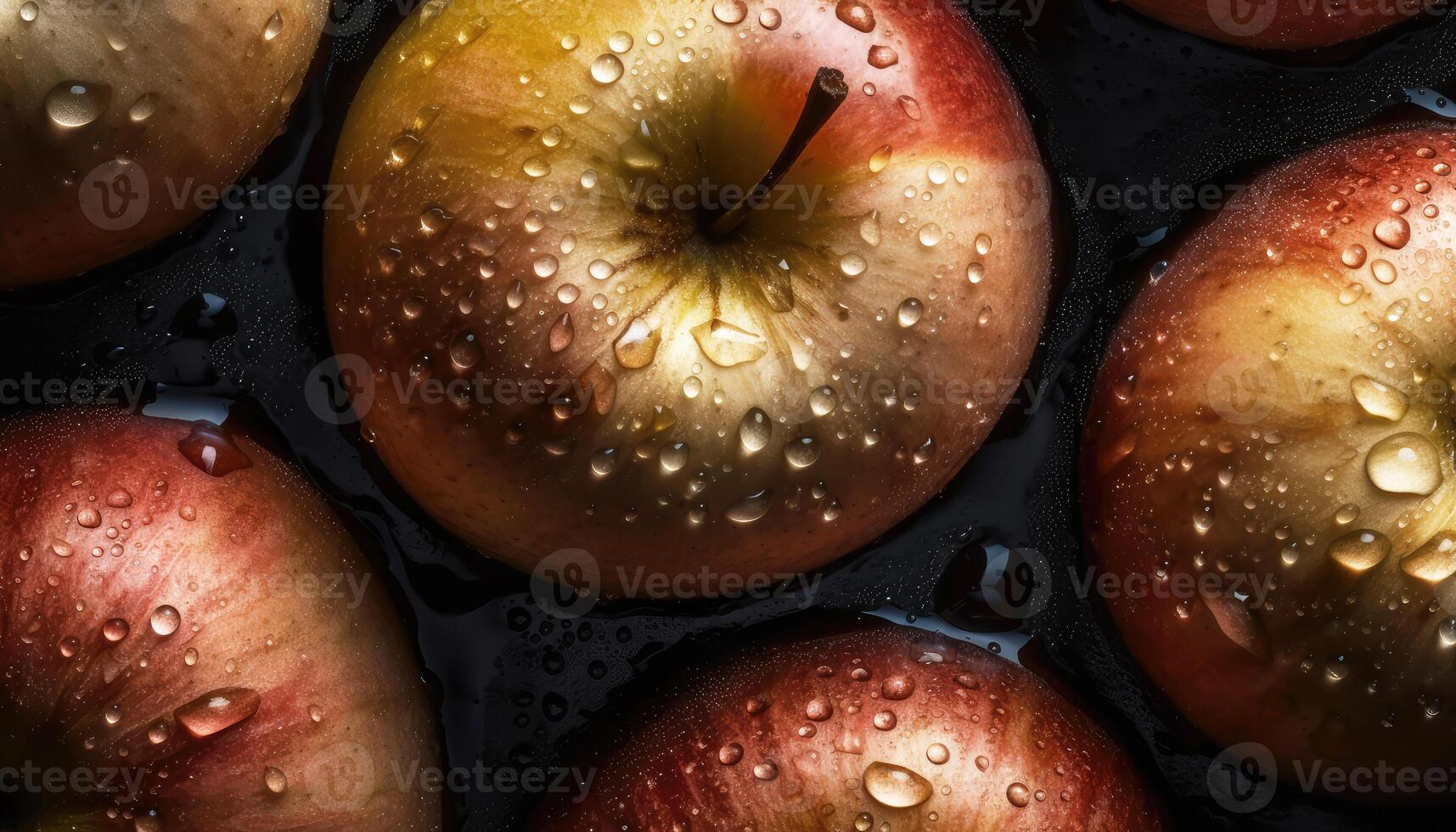 vicino su di pulito rosso mele con acqua far cadere nel buio nero sfondo. fresco frutta e verdura concetto. nutrizione e vitamina tema. generativo ai foto