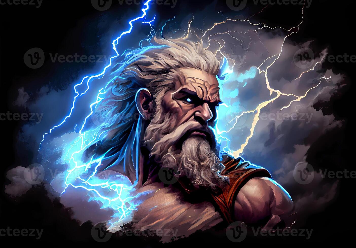 ritratto di Zeus contro il sfondo di nuvole e fulmine. ai generato foto