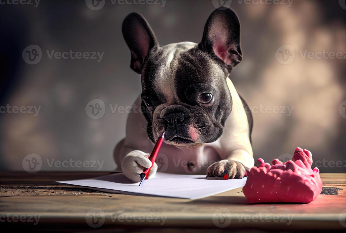 francese bulldog scrittura un' amore lettera per il proprietario su un' scrivania. animale e animale domestico concetto. generativo ai foto