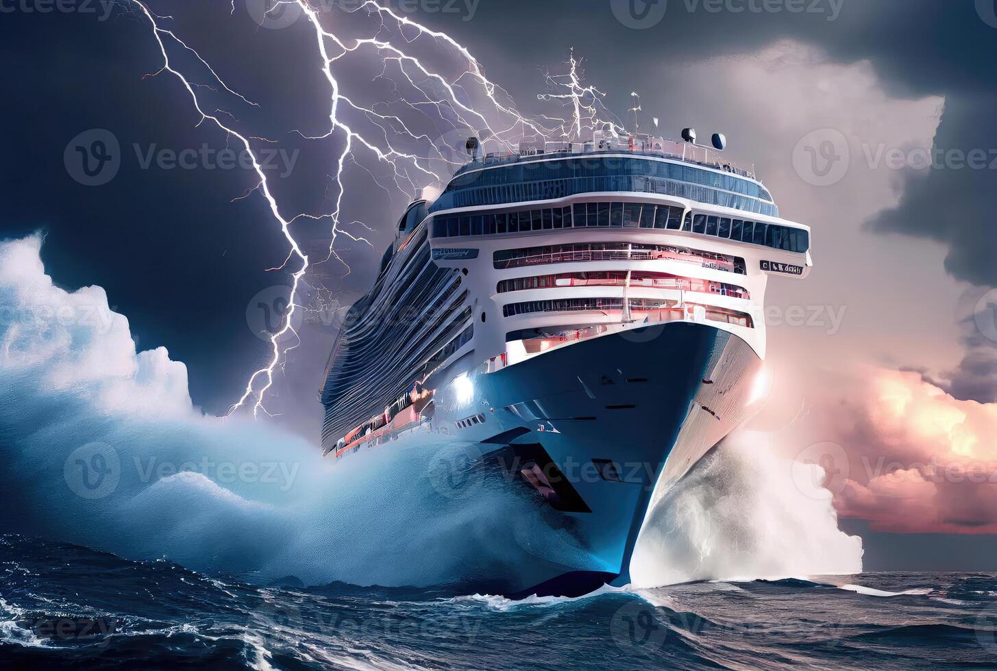 crociera nave incontri enorme onde e furioso tempeste. mezzi di trasporto e natura concetto. generativo ai foto