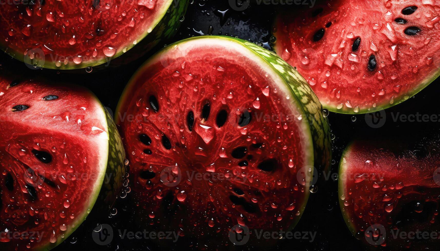 vicino su di pulito tagliare anguria con acqua far cadere nel buio nero sfondo. fresco frutta e verdura concetto. nutrizione e vitamina tema. generativo ai foto