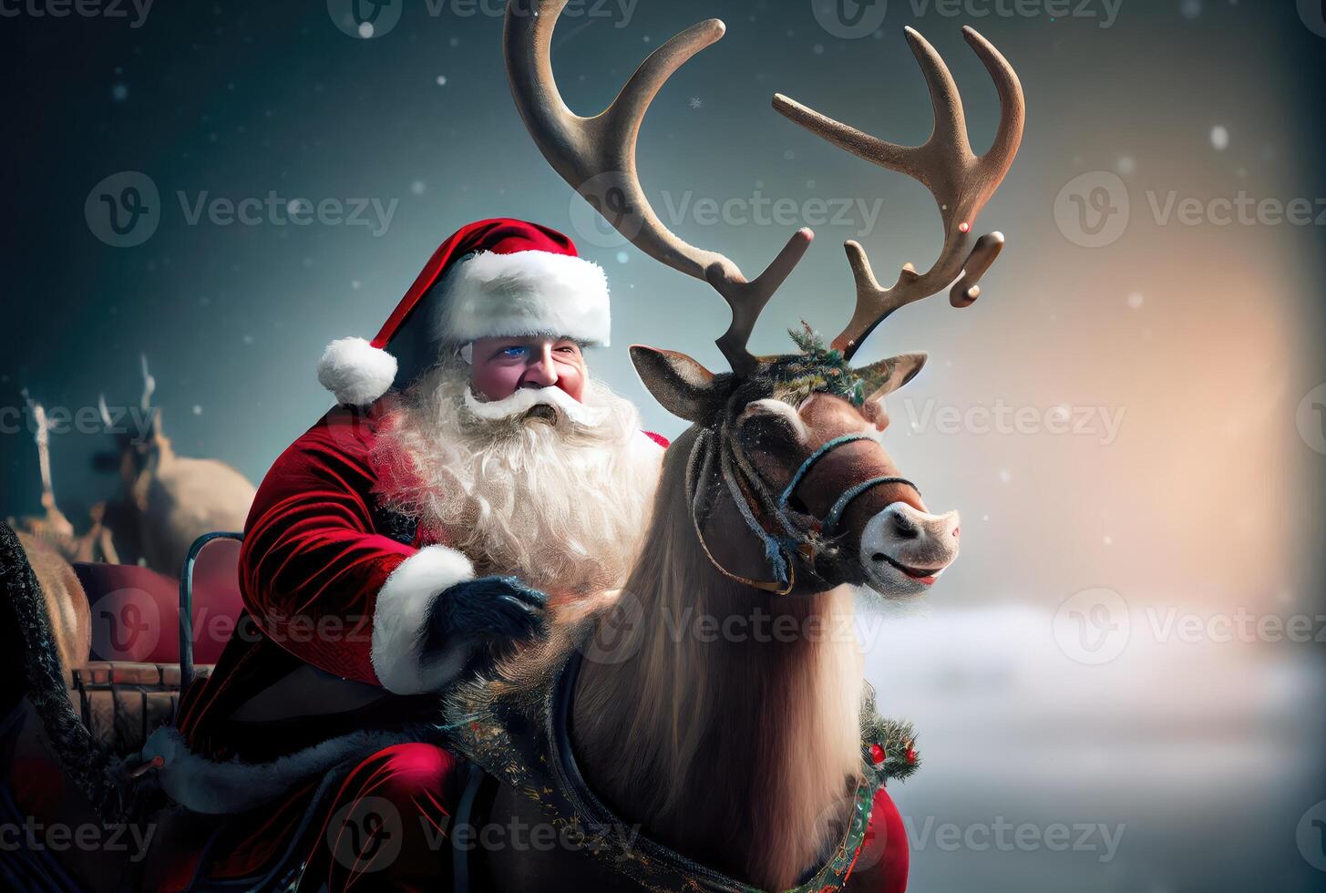 Santa Claus su il renna slitta su il neve superficie e notte cielo sfondo. Natale e nuovo anno concetto. digitale arte illustrazione. generativo ai foto