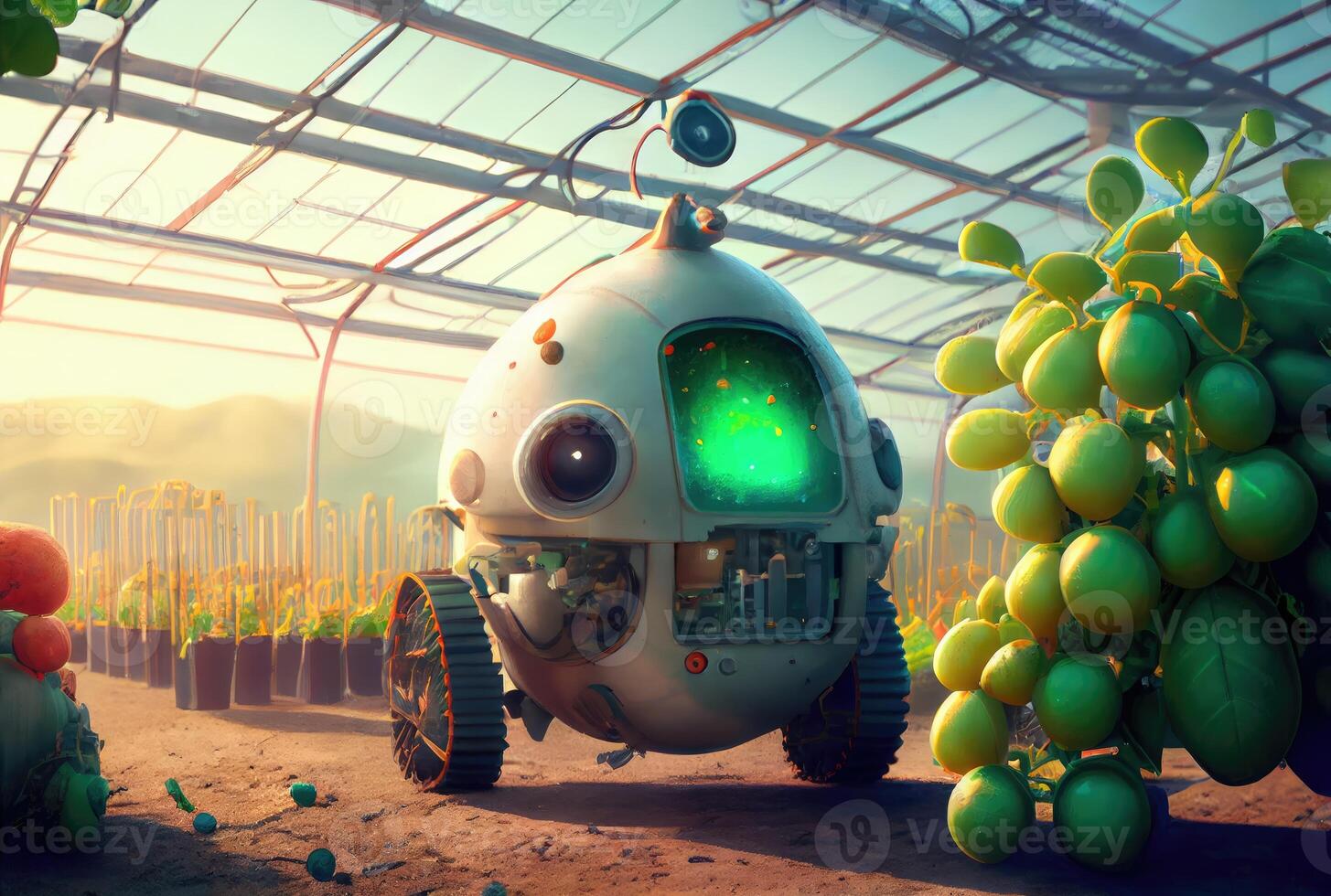 robot agricoltura raccolta agricolo prodotti nel ricerca centro. innovativo Futuristics tecnologia e 5g inteligente agricoltura concetto. generativo ai foto