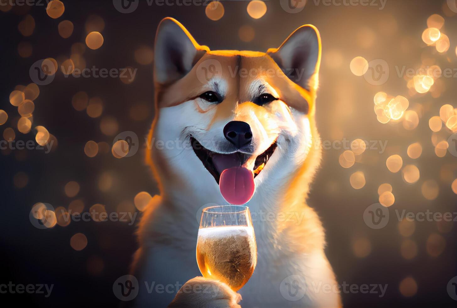 contento shiba inu cane con tostato vino bicchiere nel festa e d'oro bokeh leggero sfondo. animale e animale domestico concetto. digitale arte illustrazione. generativo ai foto