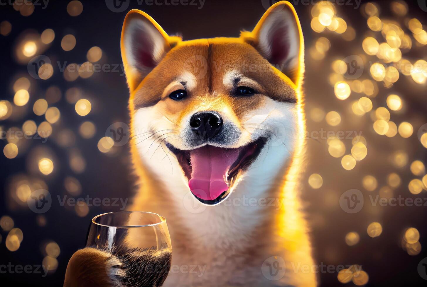 contento shiba inu cane con tostato vino bicchiere nel festa e d'oro bokeh leggero sfondo. animale e animale domestico concetto. digitale arte illustrazione. generativo ai foto