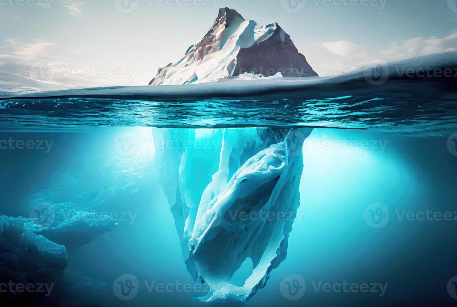 grande iceberg al di sopra di il blu mare superficie sfondo. paesaggio e attività commerciale metafora concetto. digitale arte illustrazione tema. generativo ai foto