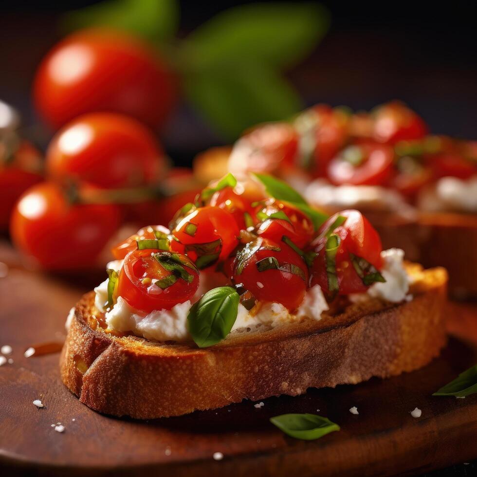 italiano Bruschetta con ricotta formaggio e pomodori illustrazione ai generativo foto