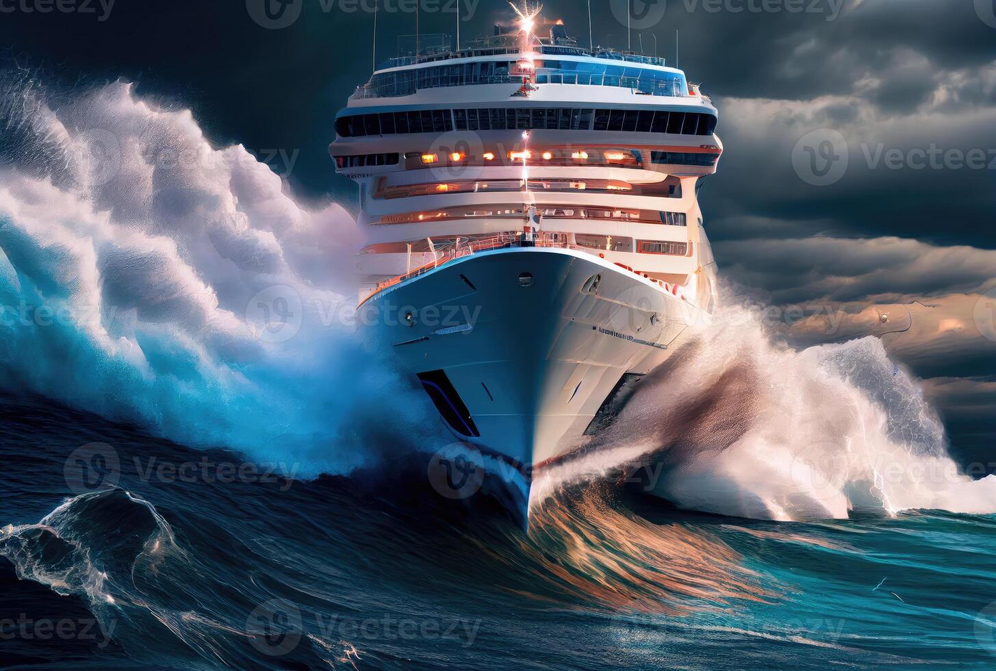 crociera nave incontri enorme onde e furioso tempeste. mezzi di trasporto e natura concetto. generativo ai foto