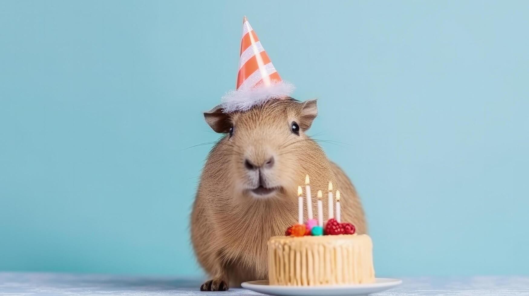 carino soffice capibara nel compleanno berretto con compleanno torta illustrazione ai generativo foto