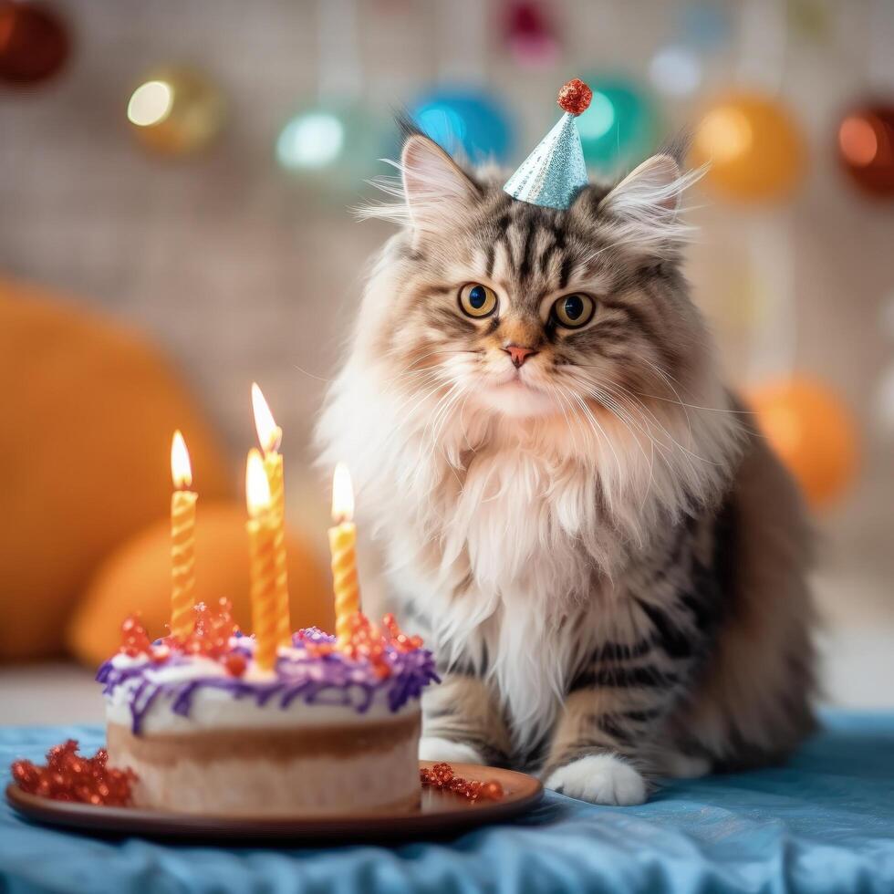 compleanno gatto con torta. illustrazione ai generativo foto