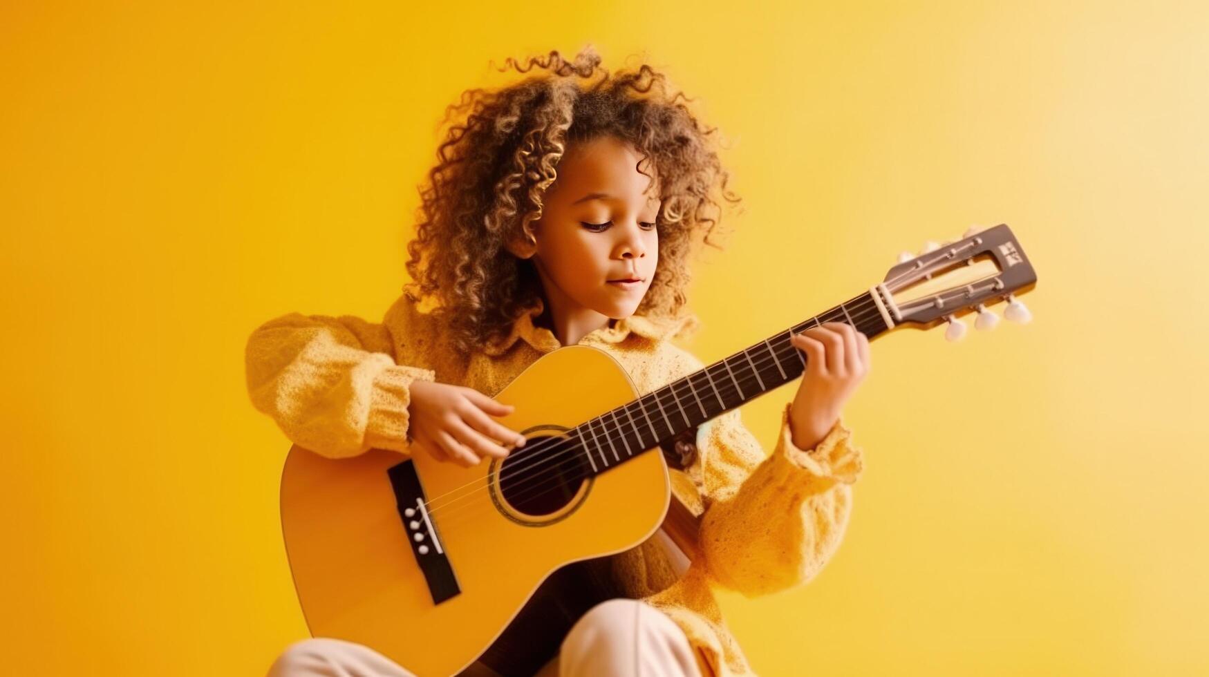 Riccio ragazza con chitarra. illustrazione ai generativo foto