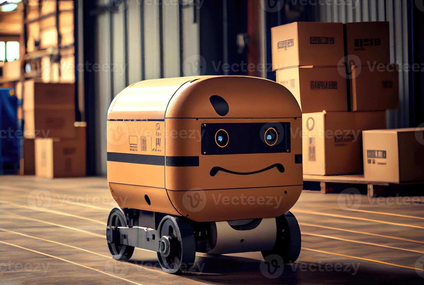 robot agv trasporto cartone scatola nel magazzino sfondo. tecnologia innovazione e consegna concetto. generativo ai foto