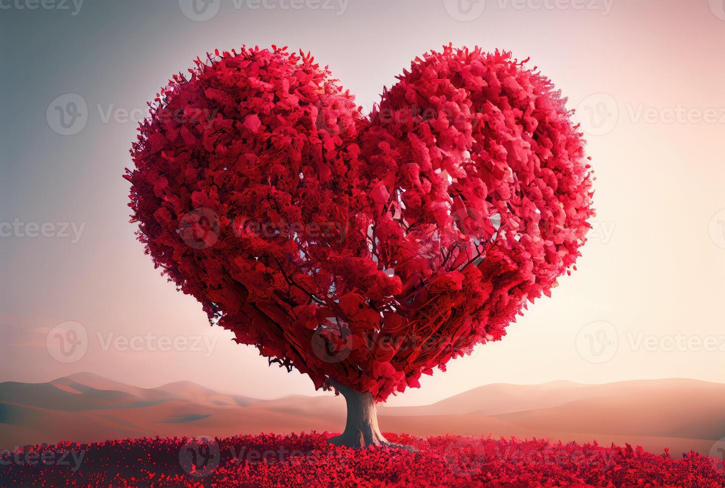 rosso cuore forma albero paesaggio con cielo sfondo. san valentino giorno e romanza concetto. digitale arte illustrazione. generativo ai foto