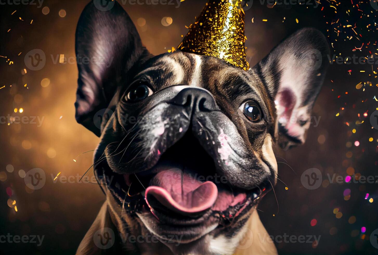 ritratto di carino contento francese bulldog nel il celebrazione festa con bokeh leggero e coriandoli nel il buio sfondo. generativo ai foto