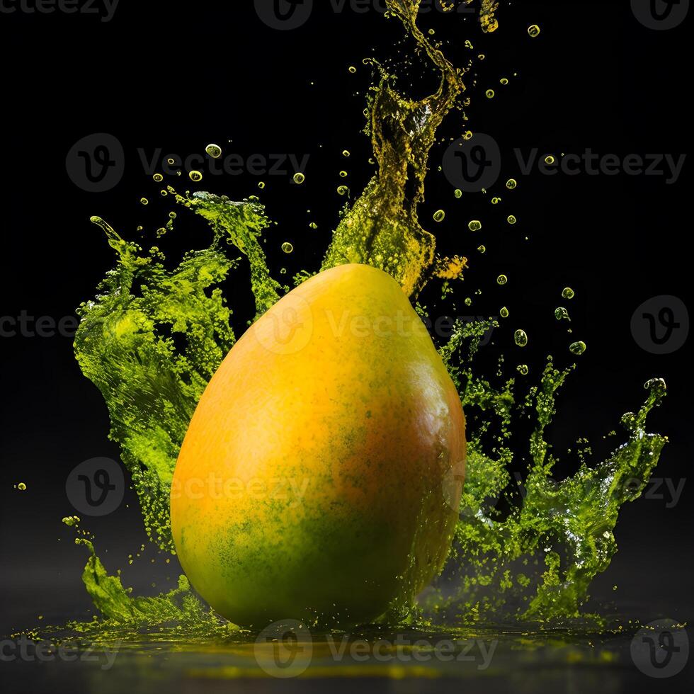 sorprendente Mango con acqua spruzzo e gocce isolato, generativo ai foto