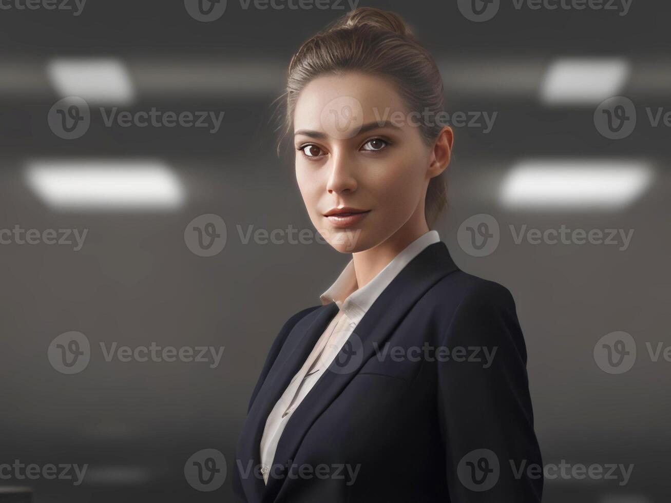 giovane sorridente donna d'affari, in piedi nel sfocatura sfondo di ufficio. generativo ai foto