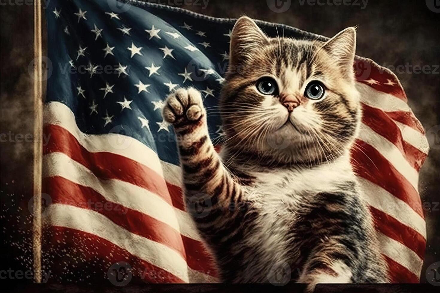 patriottico americano animale domestico gatto con agitando Stati Uniti d'America bandiera su sfondo per 4 ° di luglio o memoriale giorno. il quarto di luglio o lavoro duro e faticoso giorno. illustrazione generativo ai foto