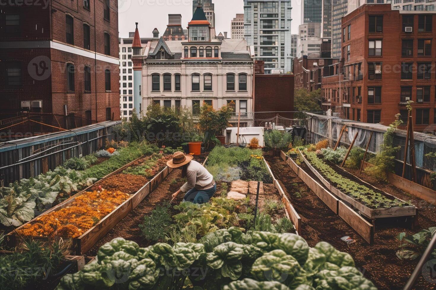 persona giardinaggio nel urbano ambiente nel grande nuovo York città illustrazione generativo ai foto