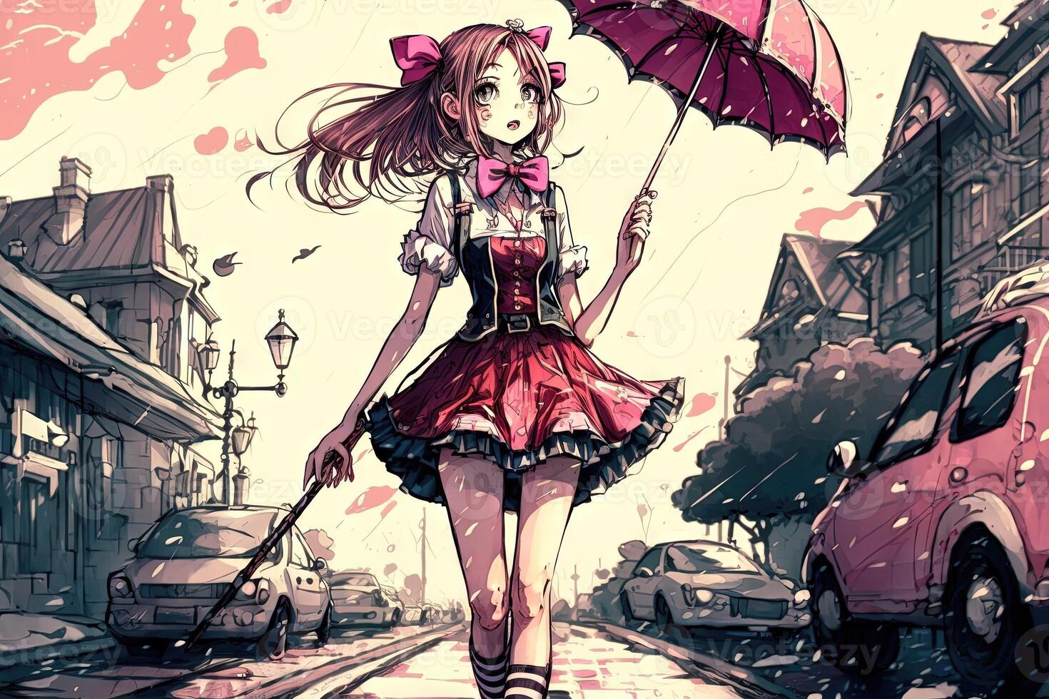 bella ragazza nel mini gonna con un' rosa parasole, a piedi attraverso un' piovoso città e diffusione luce del sole con sua positivo atteggiamento, manga porcile illustrazione generativo ai foto