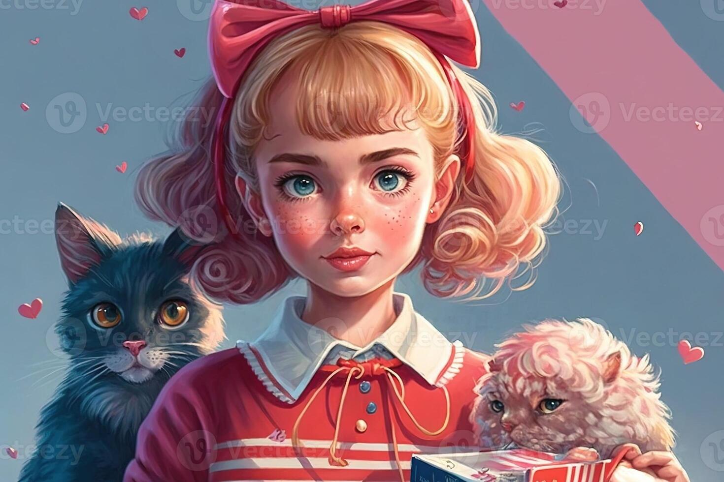 bella anime scuola ragazza con un' gatto guardare a voi illustrazione generativo ai foto